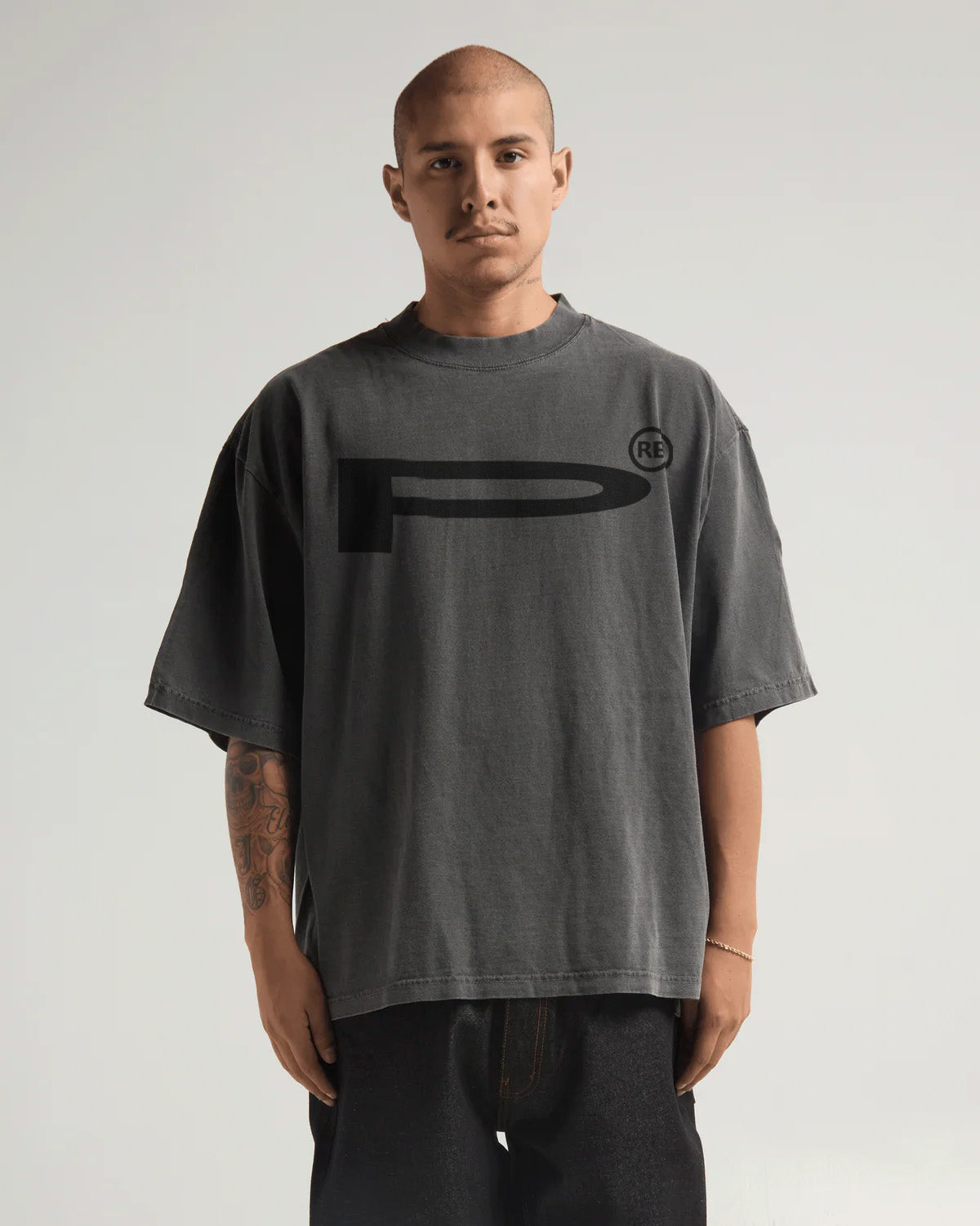 Logo Boxed Drop Shoulder Tee - Grey